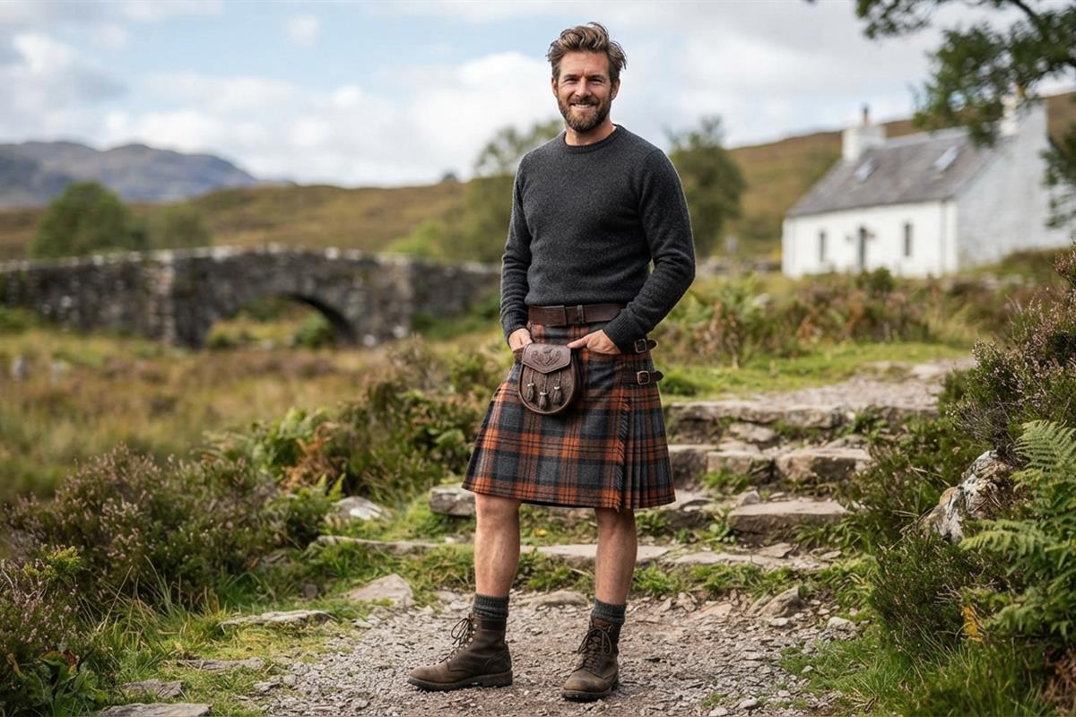 Man wearing a brown tartan kilt in a Highland landscape