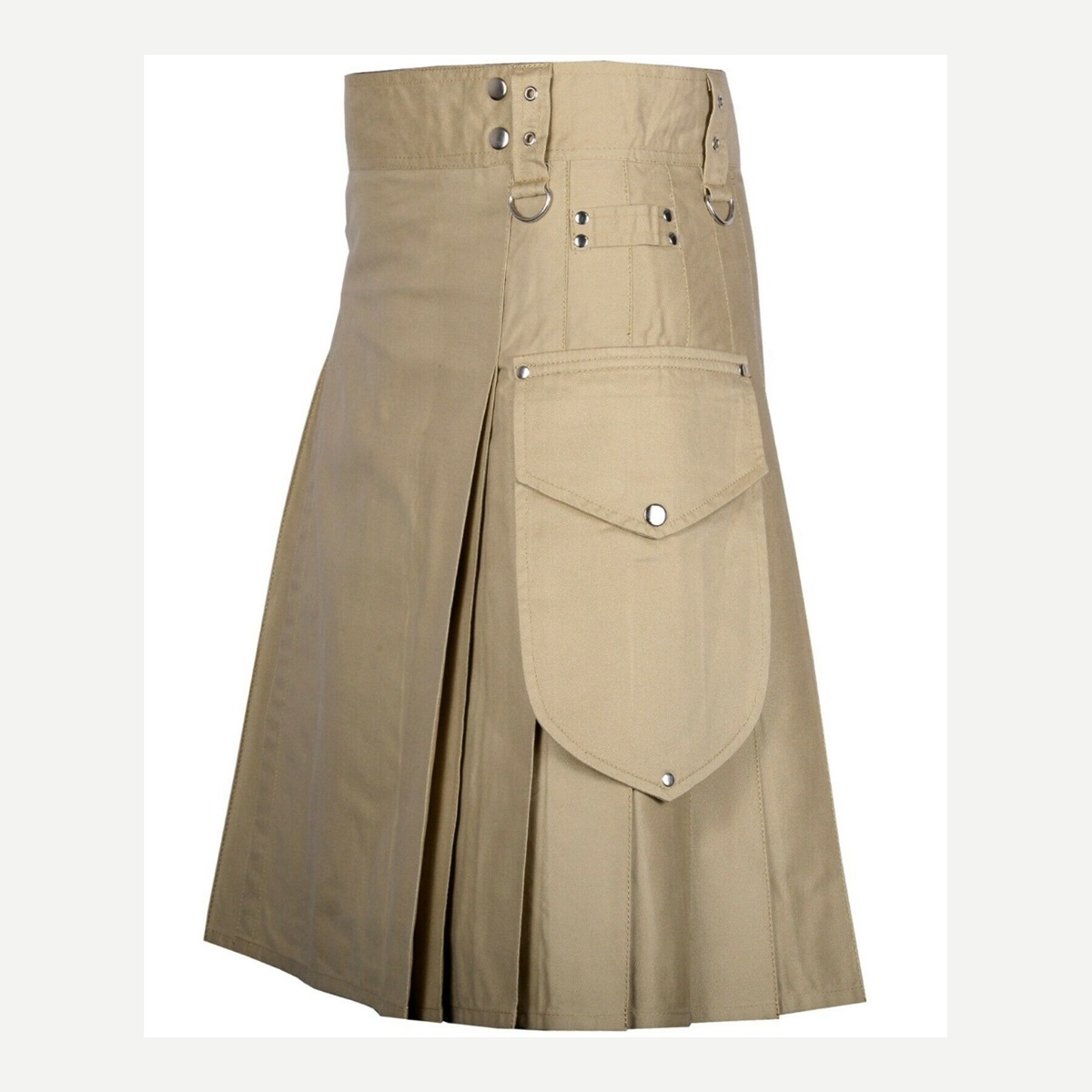 Khaki cargo utility kilt with practical pockets