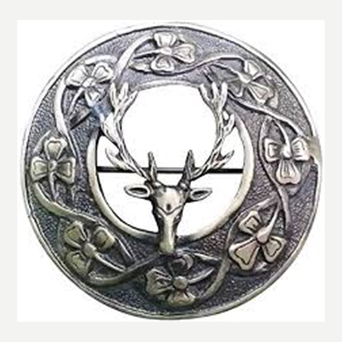 Silver stag Celtic brooch, front view - Highland accessory photo reference